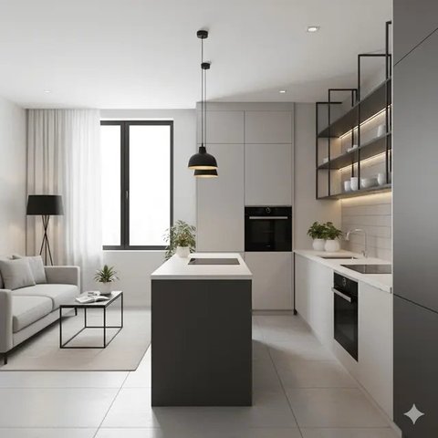 Dapur Rumah Sempit Tanpa Sekat dengan Konsep Terbuka. Gemini