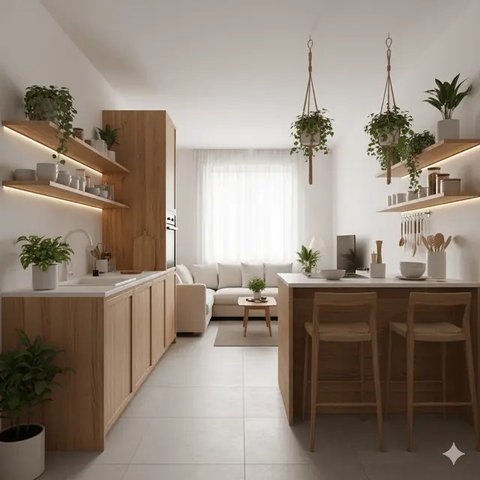 Dapur Rumah Sempit Tanpa Sekat dengan Konsep Terbuka. Gemini