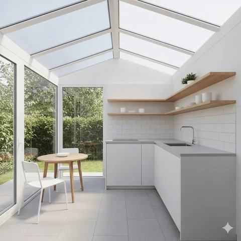 Dapur Rumah Sempit Tanpa Sekat dengan Konsep Terbuka. Gemini