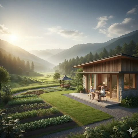 Rumah untuk Pensiun dengan Nuansa Rimbun dan Nyaman (Gemini AI)