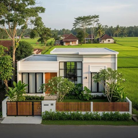 Model Rumah Sederhana Tapi Mewah dengan Atap Datar dan Pagar 2025 yang Cocok untuk Tinggal di Desa (Image by Gemini AI)