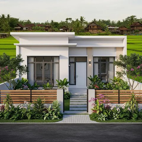 Model Rumah Sederhana Tapi Mewah dengan Atap Datar dan Pagar 2025 yang Cocok untuk Tinggal di Desa (Image by Gemini AI)