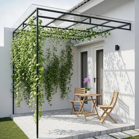 Model Teras Rumah Kecil dengan Kanopi Kaca dan Tanaman Merambat 2025 (AI)