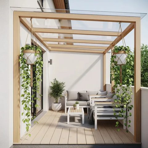 Model Teras Rumah Kecil dengan Kanopi Kaca dan Tanaman Merambat 2025 (AI)