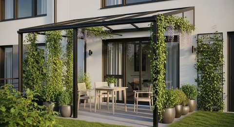 Model Teras Rumah Kecil dengan Kanopi Kaca dan Tanaman Merambat 2025 (AI)