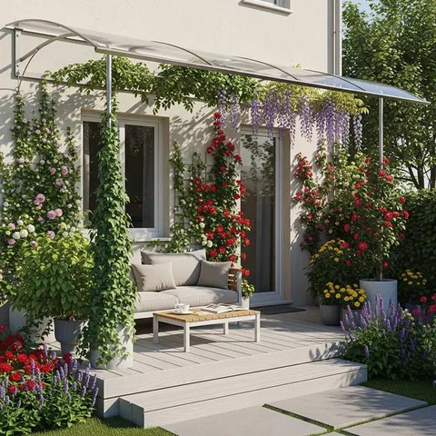 Model Teras Rumah Kecil dengan Kanopi Kaca dan Tanaman Merambat 2025 (AI)