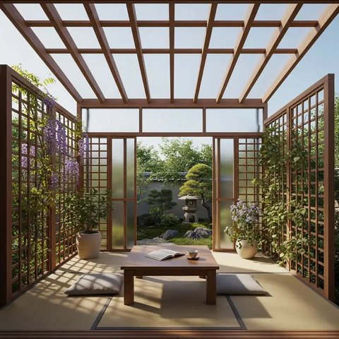 Model Teras Rumah Kecil dengan Kanopi Kaca dan Tanaman Merambat 2025 (AI)