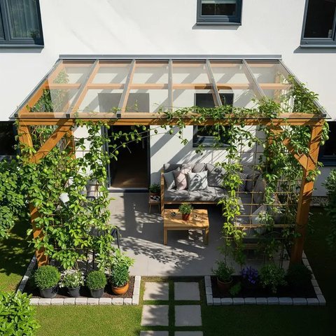 Model Teras Rumah Kecil dengan Kanopi Kaca dan Tanaman Merambat 2025 (AI)