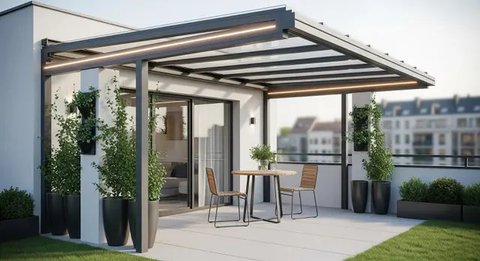 Model Teras Rumah Kecil dengan Kanopi Kaca dan Tanaman Merambat 2025 (AI)