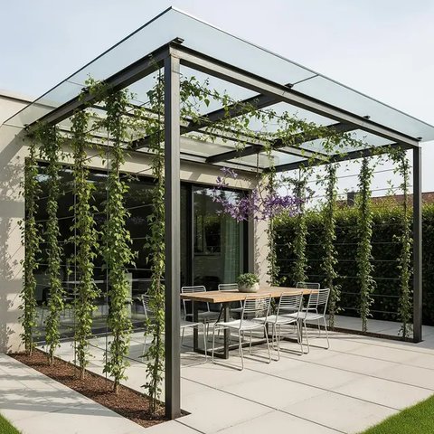 Model Teras Rumah Kecil dengan Kanopi Kaca dan Tanaman Merambat 2025 (AI)