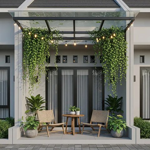 Model Teras Rumah Kecil dengan Kanopi Kaca dan Tanaman Merambat 2025 (AI)