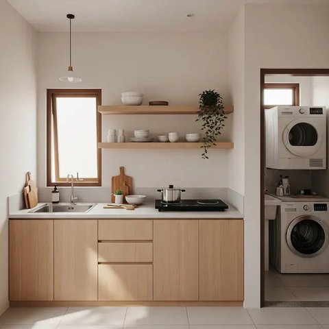 Desain Dapur Mungil Menyatu dengan Ruang Laundry. (Foto: Gemini AI)