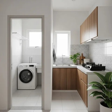 Desain Dapur Mungil Menyatu dengan Ruang Laundry. (Foto: Gemini AI)