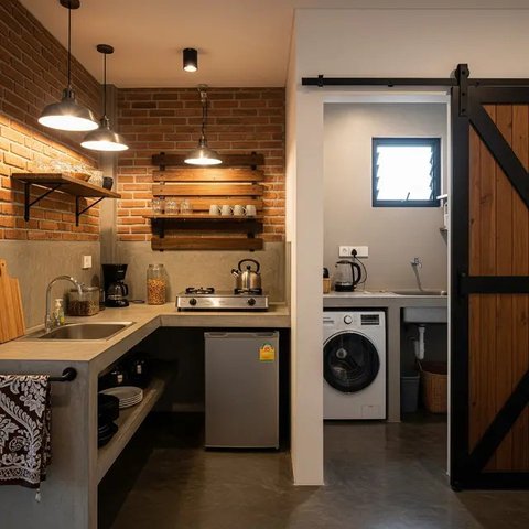 Desain Dapur Mungil Menyatu dengan Ruang Laundry. (Foto: Gemini AI)
