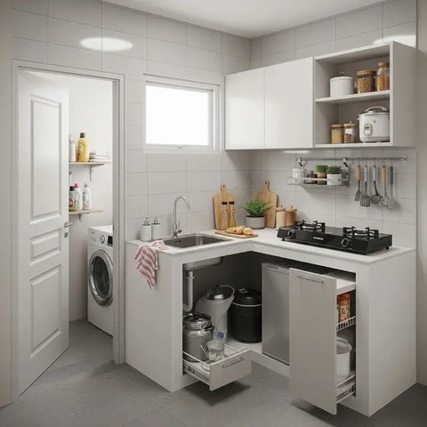 Desain Dapur Mungil Menyatu dengan Ruang Laundry. (Foto: Gemini AI)