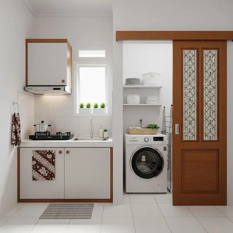 Desain Dapur Mungil Menyatu dengan Ruang Laundry. (Foto: Gemini AI)