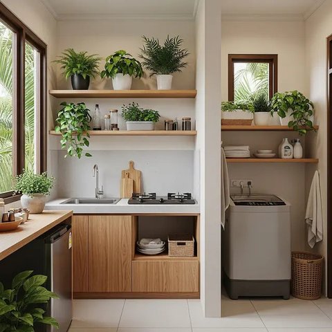 Desain Dapur Mungil Menyatu dengan Ruang Laundry. (Foto: Gemini AI)