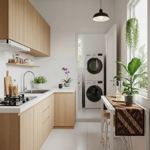 Desain Dapur Mungil Menyatu dengan Ruang Laundry. (Foto: Gemini AI)