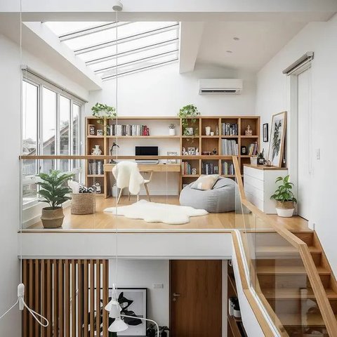 Desain Rumah Mezzanine Modern dengan Workspace Cozy di Atas. Foto: Gemini