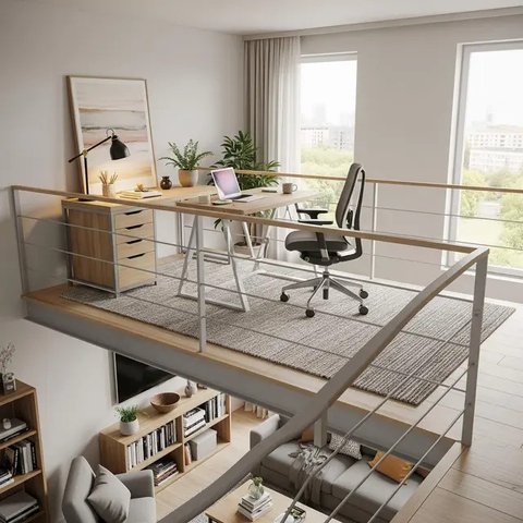 Desain Rumah Mezzanine Modern dengan Workspace Cozy di Atas. Foto: Gemini
