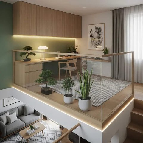 Desain Rumah Mezzanine Modern dengan Workspace Cozy di Atas. Foto: Gemini