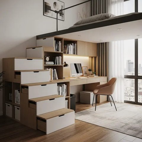 Desain Rumah Mezzanine Modern dengan Workspace Cozy di Atas. Foto: Gemini