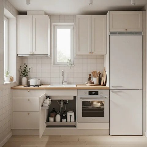 Dapur 2x2 Meter Rumah Type 36 dengan Konsep Japandi dan Hidden Storage (AI)
