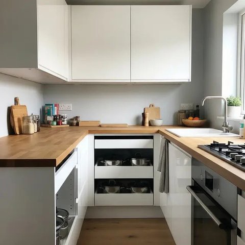 Dapur 2x2 Meter Rumah Type 36 dengan Konsep Japandi dan Hidden Storage (AI)