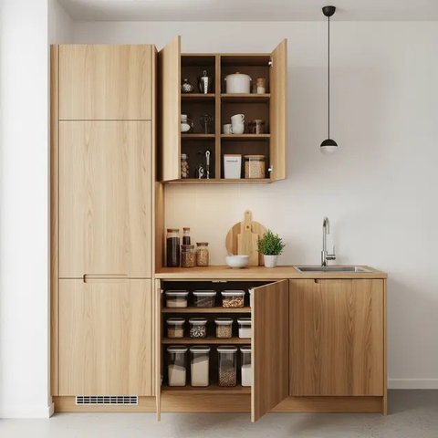 Dapur 2x2 Meter Rumah Type 36 dengan Konsep Japandi dan Hidden Storage (AI)