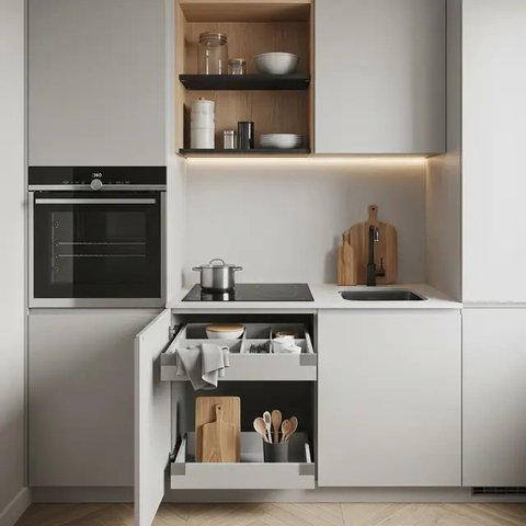 Dapur 2x2 Meter Rumah Type 36 dengan Konsep Japandi dan Hidden Storage (AI)