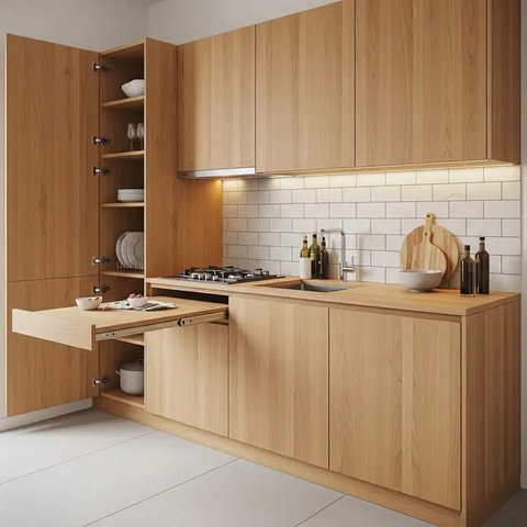 Dapur 2x2 Meter Rumah Type 36 dengan Konsep Japandi dan Hidden Storage (AI)