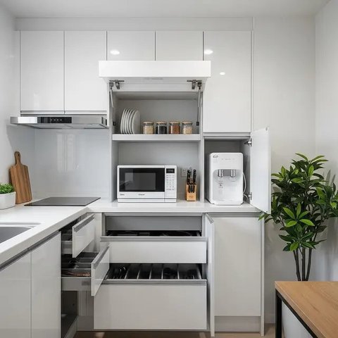 Dapur 2x2 Meter Rumah Type 36 dengan Konsep Japandi dan Hidden Storage (AI)