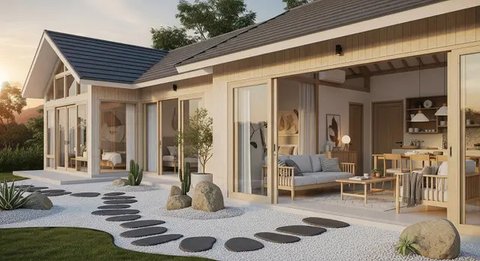 Model Rumah Sederhana Tapi Mewah Gaya Japandi dengan Taman Mini
