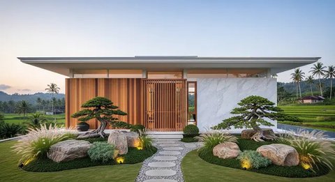Model Rumah Sederhana Tapi Mewah Gaya Japandi dengan Taman Mini