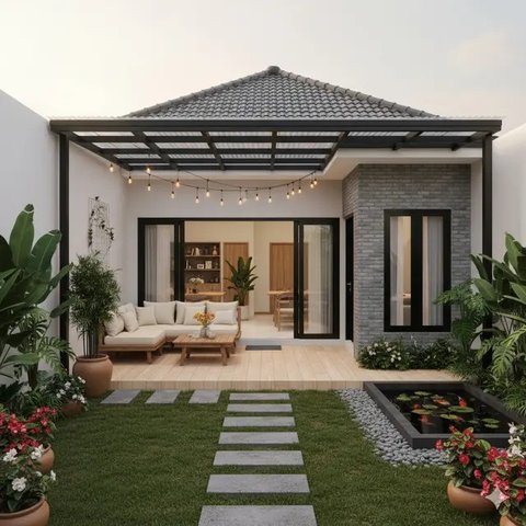 Model Teras Rumah Kecil dengan Kanopi Baja Ringan dan Tanaman Tropis Segar