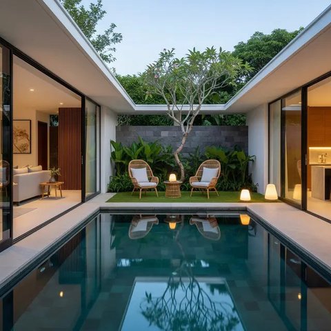 Rumah Mungil dengan Kolam Mini. Foto: Gemini