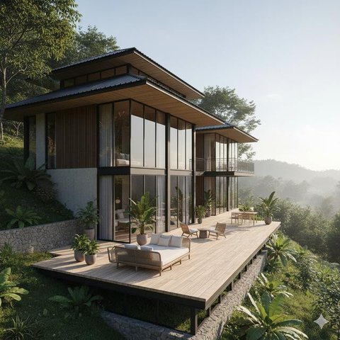 7 Model Rumah Tropis di Area Perbukitan dengan Ventilasi Alami yang Bikin Adem Sepanjang Hari, Nyaman dan Hemat Energi (Foto: Gemini AI)