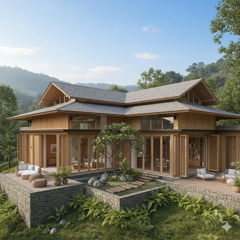 7 Model Rumah Tropis di Area Perbukitan dengan Ventilasi Alami yang Bikin Adem Sepanjang Hari, Nyaman dan Hemat Energi (Foto: Gemini AI)