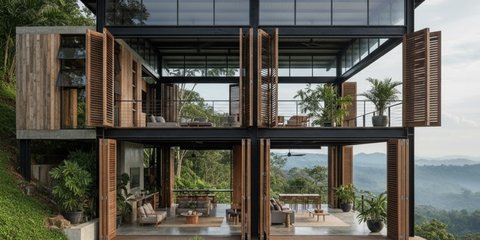 Ilustrasi Rumah Tropis di Perbukitan
