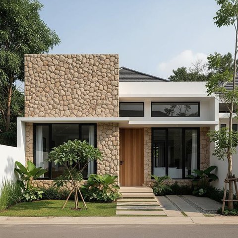 Inspirasi Rumah Batu Alam Modern untuk Lahan Sempit (AI)