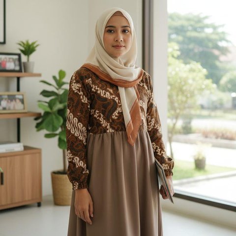 Model Gamis Kombinasi Atas Batik Bawah Polos (Foto: Gemini AI)