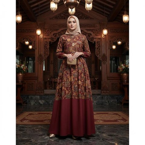 Model Gamis Kombinasi Atas Batik Bawah Polos (Foto: Gemini AI)