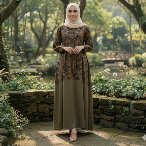 Model Gamis Kombinasi Atas Batik Bawah Polos (Foto: Gemini AI)