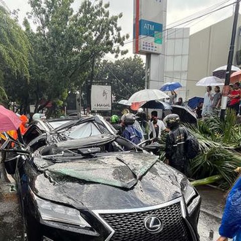 Sebuah mobil mewah bermerek Lexus tertimpa pohon tumbang di Jalan Metro Pondok Indah, Jakarta, Minggu (26/10/2025). (merdeka.com/Arie Basuki)
