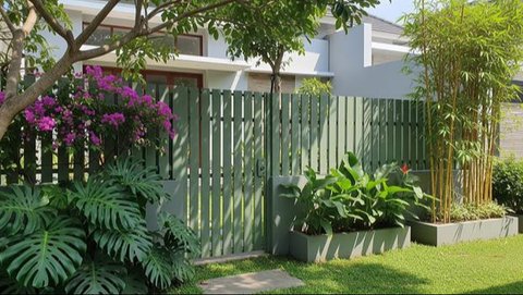 Rumah dengan pagar taman warna hijau sage. Foto: Gemini