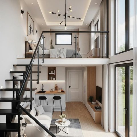Rumah Tipe 36 dengan Warna Terang dan Atap Tinggi/Desain Rumah Minimalis Ukuran Kecil Tipe 36 di Lokasi Strategis (Sumber: gemini.com)