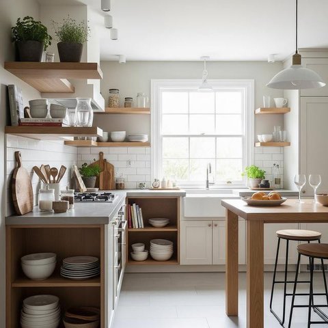 Dapur Kecil dengan Rak Terbuka dan Warna Netral (Image by Gemini AI)
