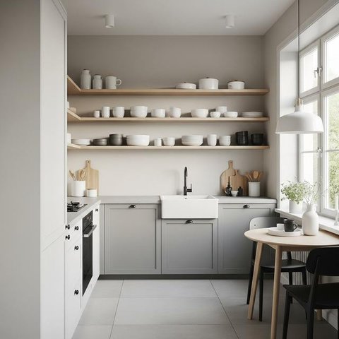 Dapur Kecil dengan Rak Terbuka dan Warna Netral (Image by Gemini AI)