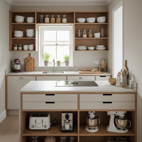 Dapur Kecil dengan Rak Terbuka dan Warna Netral (Image by Gemini AI)