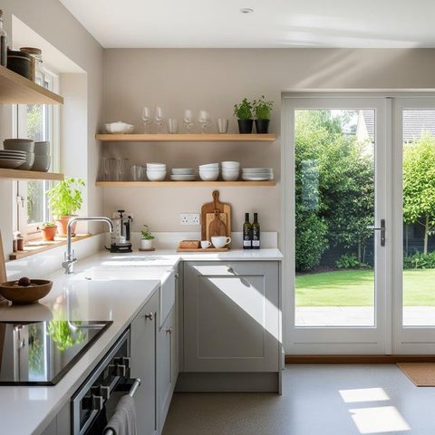 Dapur Kecil dengan Rak Terbuka dan Warna Netral (Image by Gemini AI)